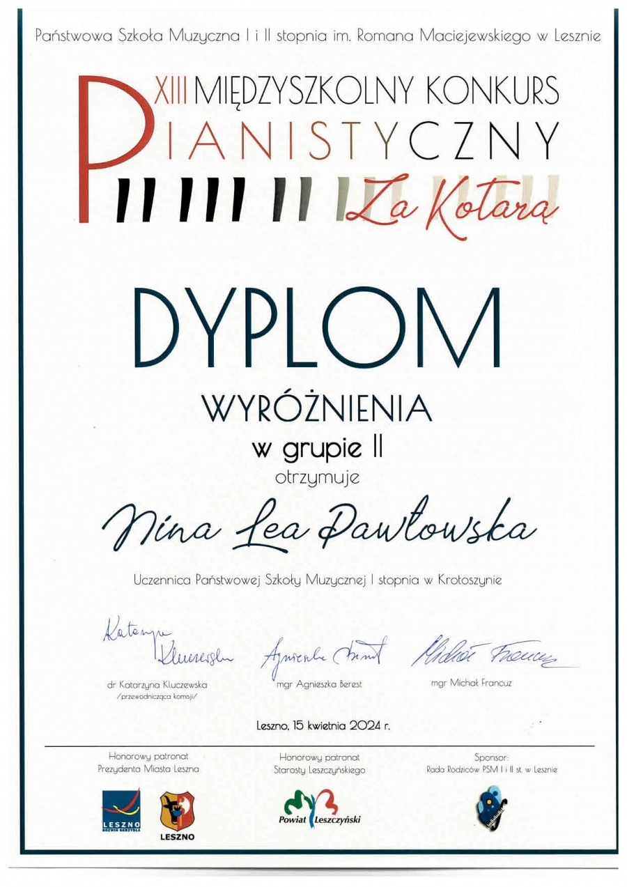 XIII Międzyszkolny Konkurs Pianistyczny Za Kotarą - Nina Lea Pawłowska